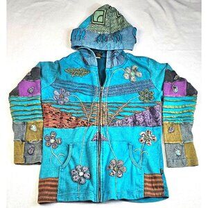 Rising International Womens Multicolor Patchwork Zip Hoodie Jacket Size XL Boho
